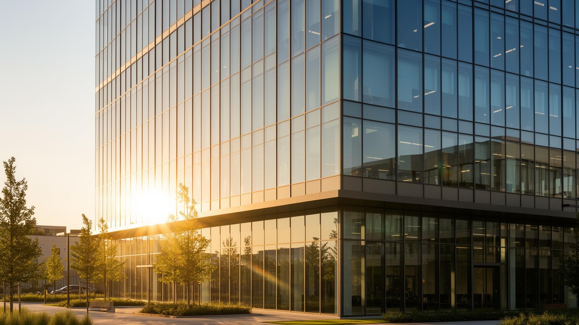 Façade en verre d'un immeuble de bureaux moderne avec film solaire au soleil — économies d'énergie en Alsace